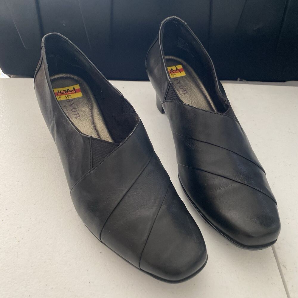 Aravon By New Balance Elizabeth Slip On Black Leather Heels Womens Size 10